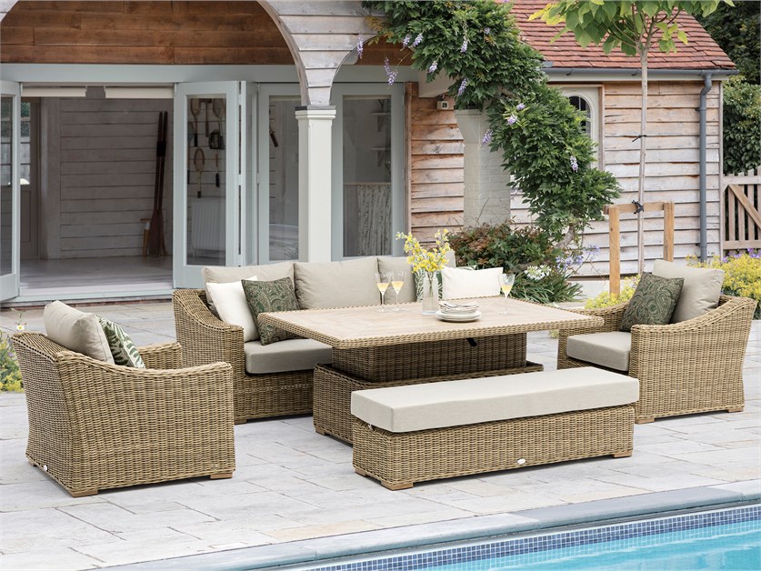 Fairford Rattan 3 Seater Sofa with Rectangle Piston Adjustable Table, 2 Armchairs & Bench