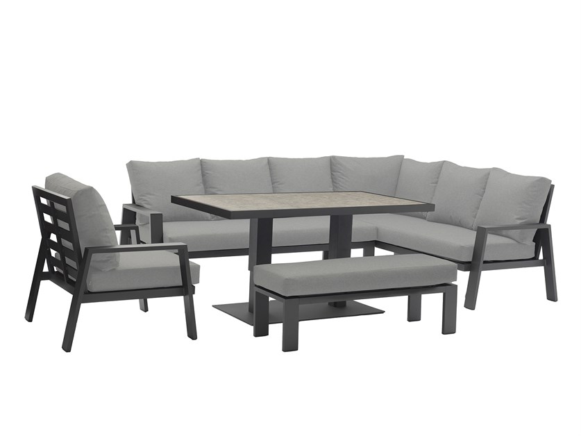 Pienza L-Shape Sofa with Rectangle Piston Adjustable Height Table, Bench & Chair