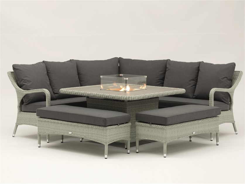 Cherington Cloud Rattan Corner Sofa with Square Firepit Table & 2 Benches