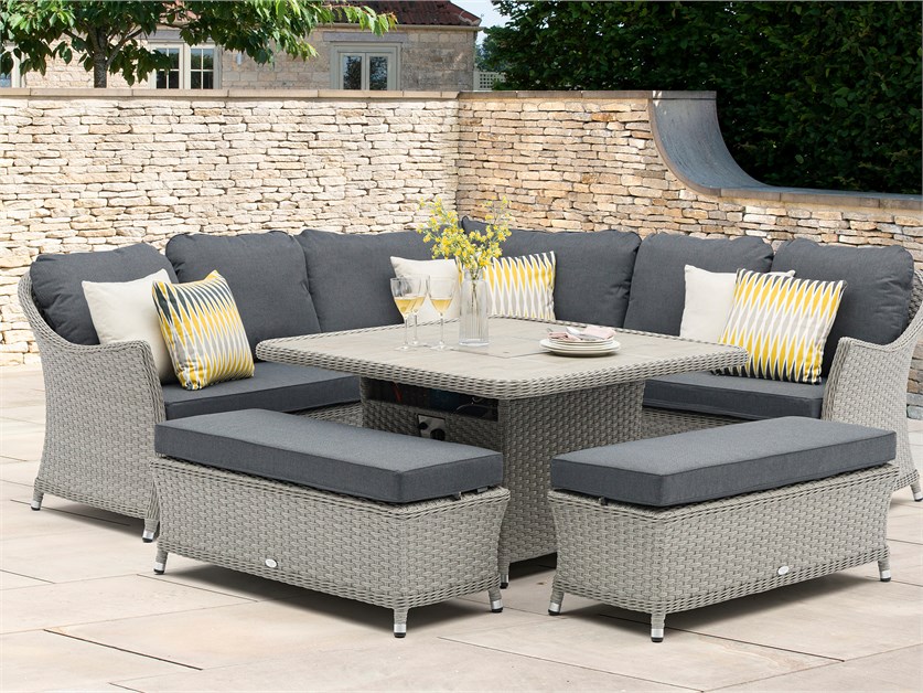 Wentworth Rattan Corner Sofa with Square Firepit Table & 2 Benches