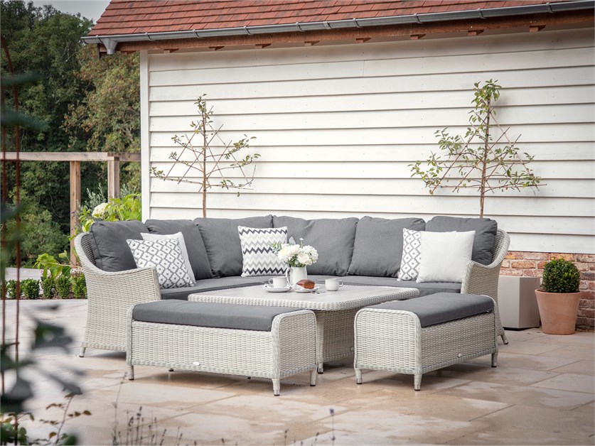 Monterey Dove Grey Rattan Curved Corner Sofa with Square Dual Height Table & 2 Benches Alternative Image