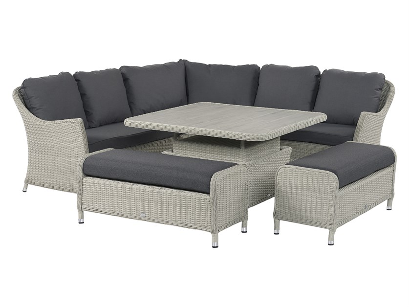 Monterey Dove Grey Rattan Curved Corner Sofa with Square Dual Height Table & 2 Benches Alternative Image