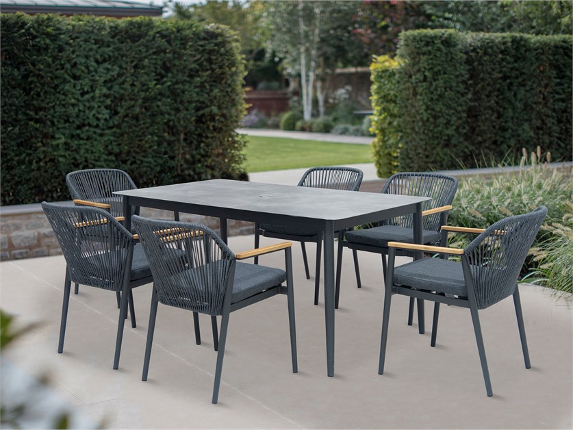 Antibes 6 Seat Rectangle Dining Set with Parasol & Base