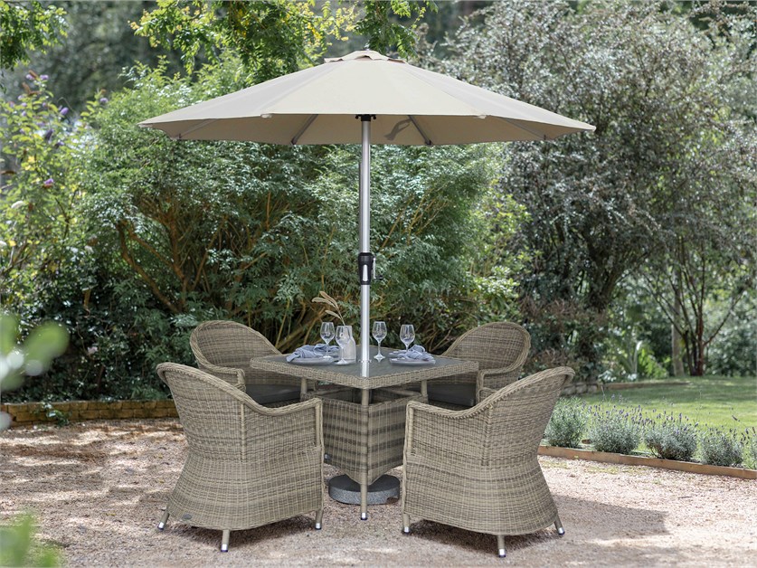 Sahara Rattan 4 Seat Deluxe Square Dining Set with Parasol & Base