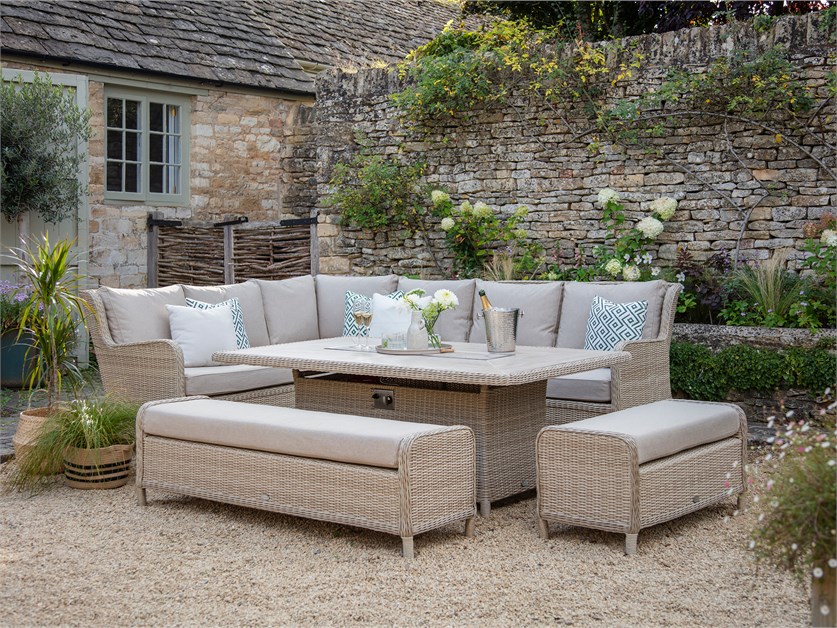 Chedworth Sandstone Rattan L-Shape Sofa with Rectangle Firepit Table & 2 Benches