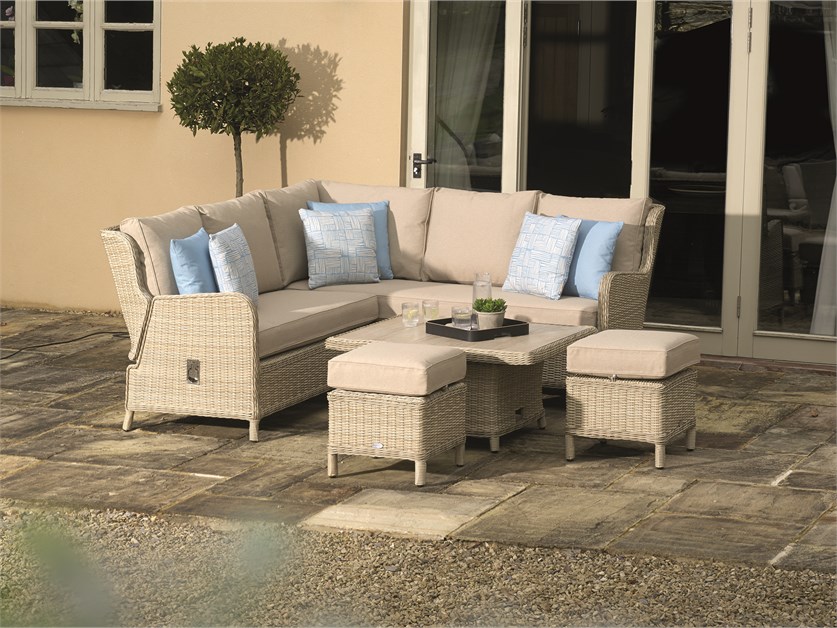 Chedworth Sandstone Rattan Reclining Mini Corner Sofa with Dual Height Table & 2 Stools