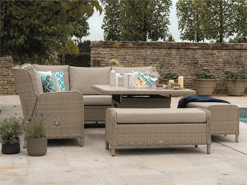 Chedworth Sandstone Rattan Reclining Corner Sofa with Square Firepit Table & 2 Benches