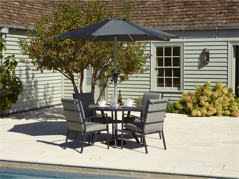 Seville 4 Seat Round Dining Set with Valencia Chairs, Parasol & Base