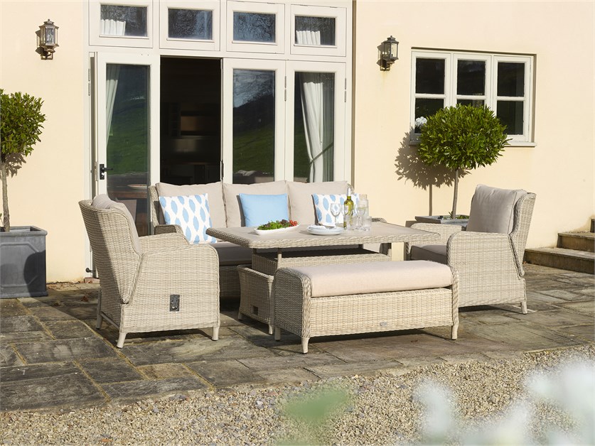 Chedworth Sandstone Rattan Reclining 3 Seater Sofa with Rectangle Dual Height Table, 2 Reclining Armchairs & Bench